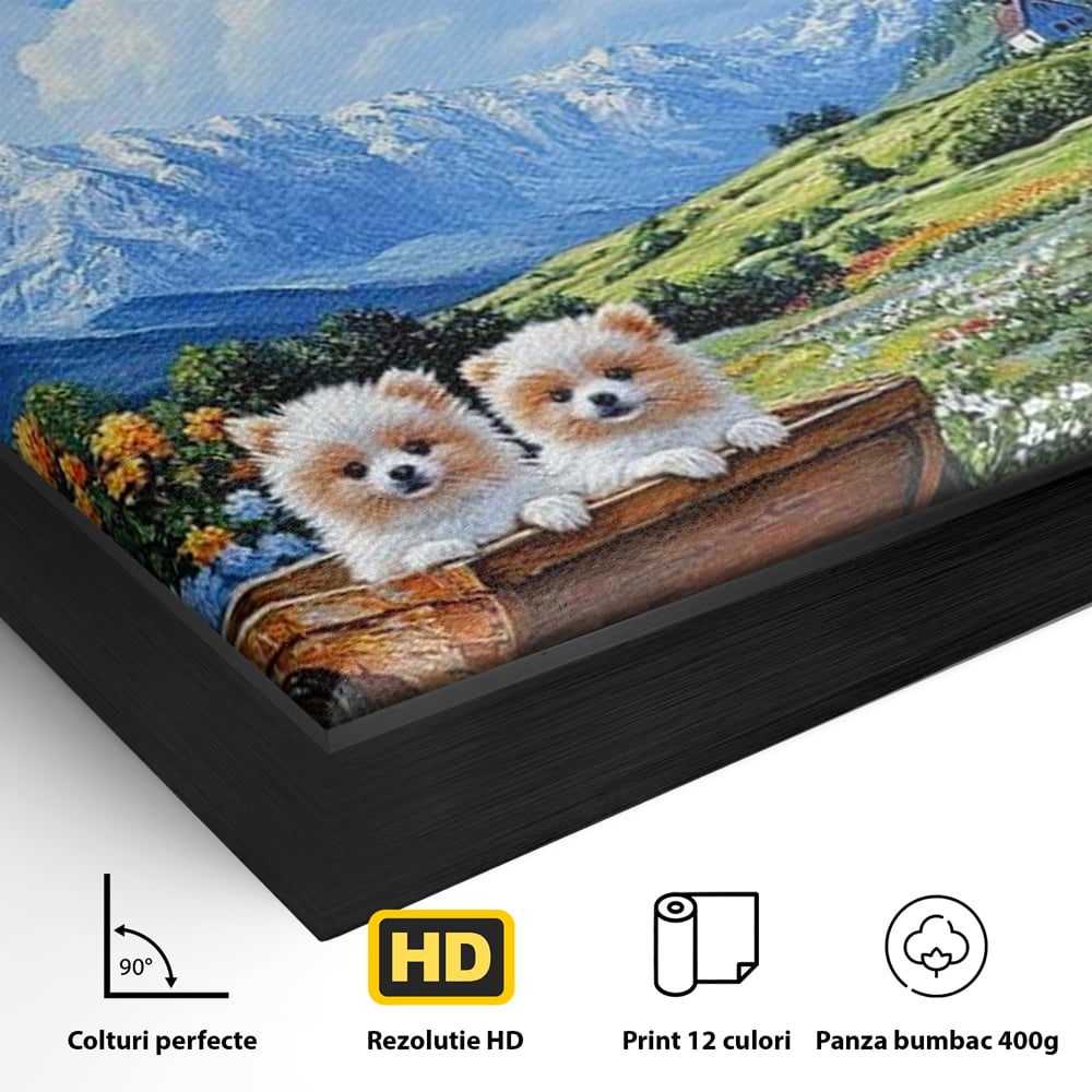 Detaliu al suprafetei: tablou canvas cu catei in caruta si munti, in rama de aluminiu negru